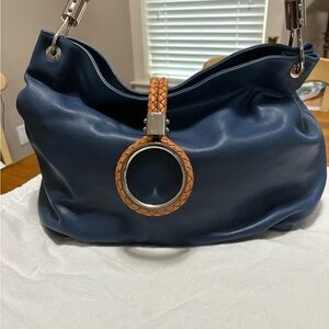 Michael Kors Navy Hobo Bag with Woven Tan Handle